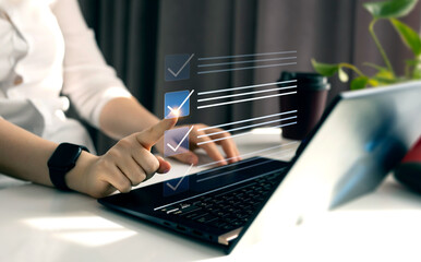 Fototapete - Fast checklist and clipboard task management.Business productivity checklist and filling survey form online.	

