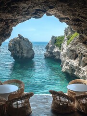 Poster - A serene coastal setting featuring an outdoor terrace carved into a cliffside, overlooking crystal-clear turquoise water. The terrace is adorned with wicker chairs and round white tables.