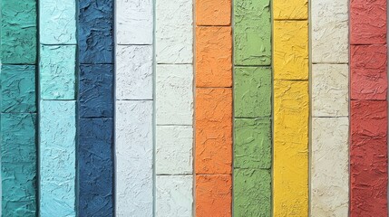 Poster - A vivid arrangement of painted bricks highlights an array of colors on an old wall, revealing the beauty of urban art and the charm of aging materials over time
