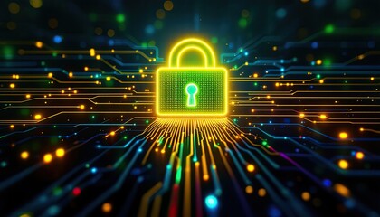 Poster - Glowing padlock symbolizing cybersecurity and digital protection on circuit board