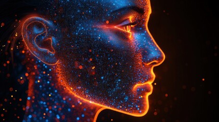Poster - Close up of a mans face illuminated by glowing blue and orange lights in a dark environment