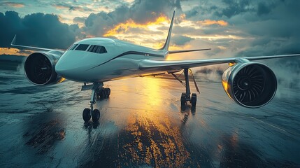 Poster - Innovation in aviation industry. modern, flying aircraft in clear sky.