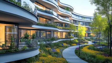 Poster - Modern housing complex wide inner courtyard curved balconies with green edges with hanging gardens in front of glass balustrades.