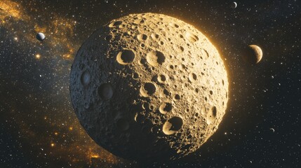 Wall Mural - detailed view of cratered planet surrounded by stars and moons