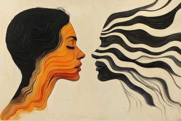 Aufkleber - This image showcases two profile silhouettes intricately intermixed with flowing, abstract lines, creating an artistic portrayal of unity and contrast in monochrome tones.
