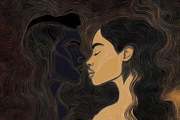 Aufkleber - Two intertwined profiles, crafted with bold, wavy line motifs, depict a sense of duality and connection against a rich, textured backdrop, highlighting human emotion.
