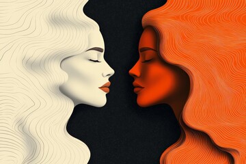 Poster - This minimalist artwork presents contrasting profiles with intricately flowing hair, embodying themes of identity and elegance through simple yet striking visual elements.