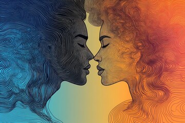 Aufkleber - This abstract artwork features symmetrical faces with intricate lines and color design, exploring harmony and balance in a modern artistic expression.