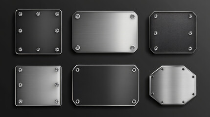 Steel metal tag plate of rectangular, square and hexagon shape with rivets. Realistic vector set of blank aluminum nameplates or boards with screws. Chrome surface empty plaque or frame mockup.