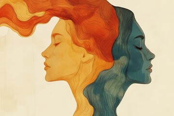 Leinwandbilder - An abstract illustration capturing two faces facing opposite directions with flowing hair, using warm and cool colors to express contrast and harmony artistically.