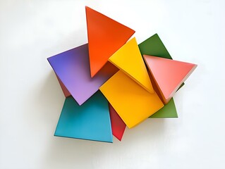 Fototapete - geometric shapes, colorful triangles, 3d rendering, white background, abstract design
