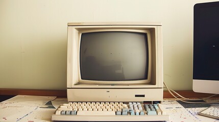 A nostalgic old computer, boasting a bulky form, a cathode - ray tube monitor, and a clunky keyboard. A relic from the early days of computing technology, representing an era of technological evolutio