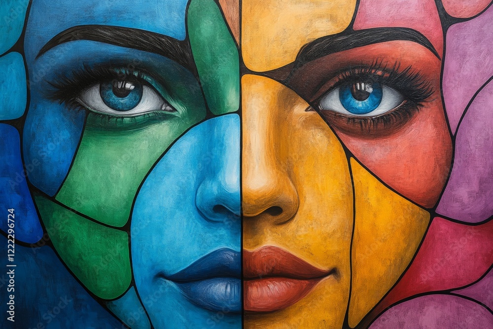 This striking artwork features two faces intricately designed in a ...