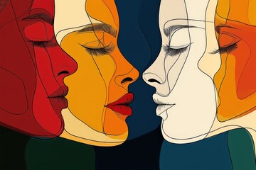 Poster - An intricate illustration featuring profiles of abstract faces in diverse colors, exploring themes of identity and connection, with bold lines and shapes for depth.