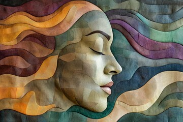 Poster - A serene profile overlaid with flowing waves of colorful abstract patterns, communicating tranquility, introspection, and a blend of artistic and natural elements in harmony.