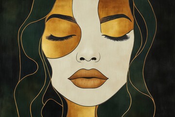 Poster - This minimalist portrait fuses serene emotions with a gold and black palette, embodying a sense of peace and simplicity through its harmonious and refined design.