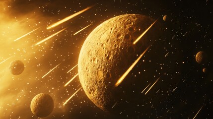 Wall Mural - Celestial Landscape with Meteors and Planets in Deep Space