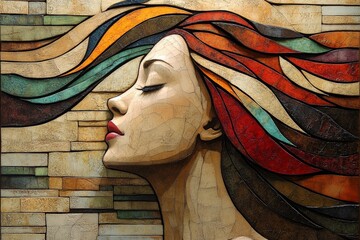 Poster - A mosaic-inspired portrait featuring vivid and colorful hair flowing in various directions, creating a dynamic and textured effect, symbolizing movement and freedom.