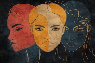 Poster - This artwork showcases three abstract female faces fused together, each with distinct colors and features, expressing unity and diversity in a unique artistic manner.