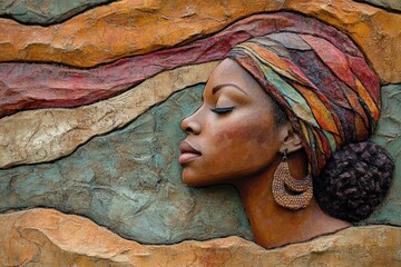 Aufkleber - This textured wall mural portrays an African woman in profile, wrapped in colorful patterns, emphasizing cultural heritage, grace, and a sense of strength.