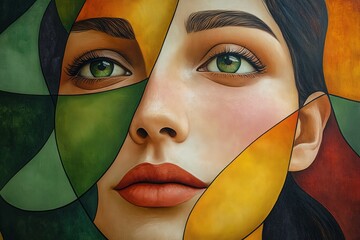 Poster - A vibrant geometric portrait showcasing a woman with stunning green eyes. The canvas is a blend of vivid colors and shapes, evoking curiosity and creativity.