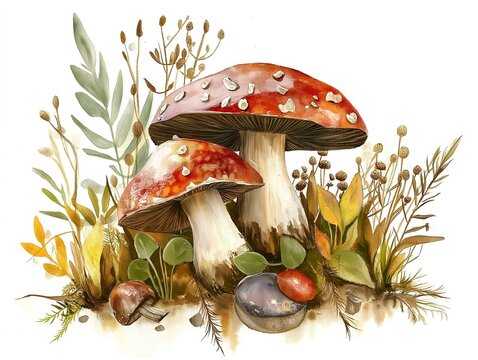 mushrooms with autumnal foliage, watercolor style, detailed rendering, white background