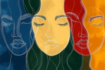 Aufkleber - Featuring multiple faces in primary colors on an ethereal blue and green background, this image represents diversity, unity, and the multifaceted nature of humanity.