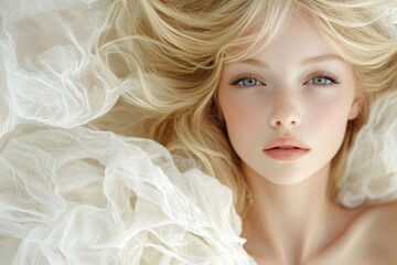 Aufkleber - A serene portrait of a person with light hair surrounded by delicate white fabric, capturing an ethereal essence and soft, dreamy features in gentle lighting.