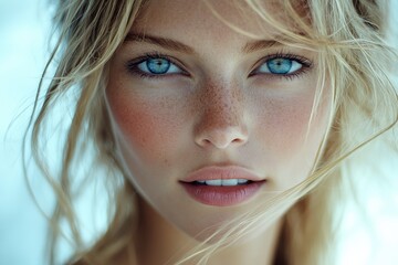 Poster - A captivating close-up portrait of a woman with light blonde hair and striking freckles, creating an enchanting and ethereal appearance against a soft backdrop.