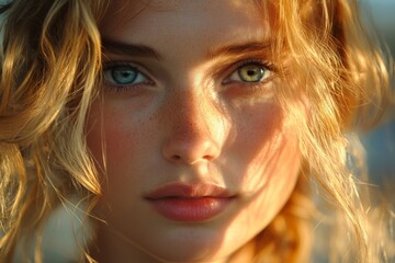 Poster - Close-up portrait of a young woman with blonde hair and freckles, her bright blue eyes stand out as sunlight filters across her face, enhancing her natural beauty.