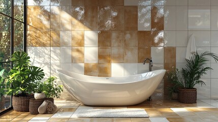 Poster - A modern bathroom interior. Highlight a stylish combination of floor and wall tiles in a contemporary setting. Include elements like a sleek bathtub.