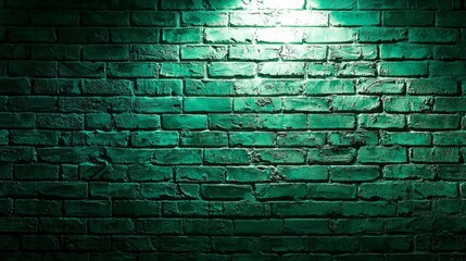 Poster - A vibrant green brick wall glows under an overhead light, creating a striking contrast in an urban setting. The captivating hues add depth and texture, inviting exploration