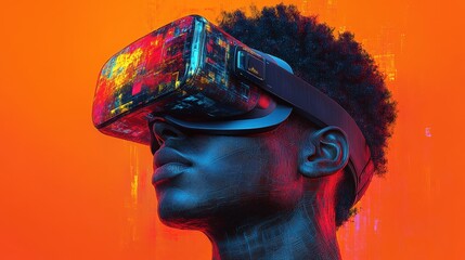 Poster - Man using virtual reality headset in a modern living room setting with immersive technology experience