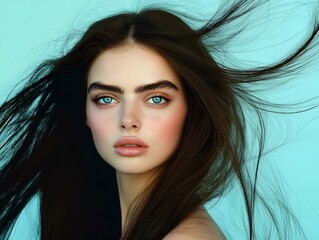 woman long dark hair light blue background windswept style