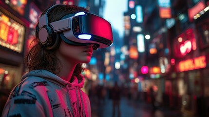 Poster - Woman wearing virtual reality glasses in a modern indoor setting engaged in an immersive experience