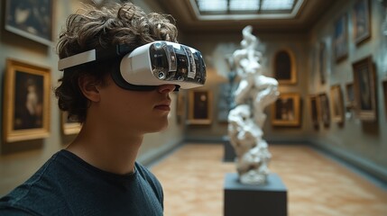 Poster - Man using virtual reality device with headset in indoor environment engaged in interactive experience