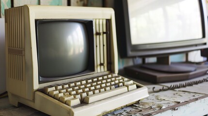 Wall Mural - A nostalgic old computer, boasting a bulky form, a cathode - ray tube monitor, and a clunky keyboard. A relic from the early days of computing technology, representing an era of technological evolutio