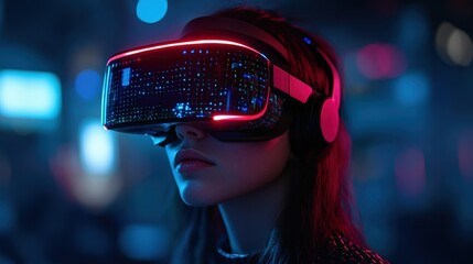 Poster - Woman using virtual reality headset in a modern indoor setting with focused expression