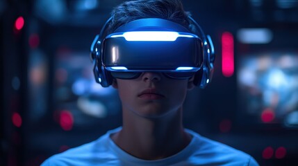 Poster - Man wearing virtual reality headset engaging in immersive digital experience indoors