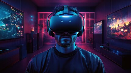 Poster - Man using virtual reality headset in a modern indoor setting with immersive digital experience