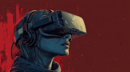 Poster - Woman wearing a virtual reality headset engaged in an immersive digital experience indoors