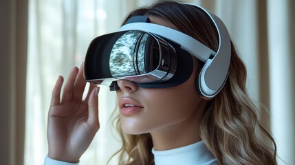 Poster - Woman using virtual reality headset engaged in immersive digital experience at home or office space