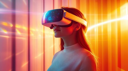 Poster - Woman wearing virtual reality headset engaged in immersive digital experience indoors