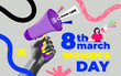 © darkovujic - Modern halftone collage for international women's day, woman with woman hand hold megaphone. Banner template for feminism, protest, gender equality. Vector illustration