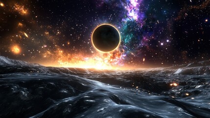 Wall Mural - stunning cosmic scene with dark planet and colorful galaxy background