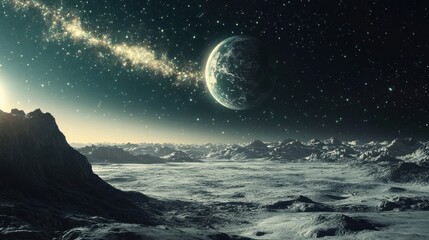 Wall Mural - Cosmic Landscape with Planet and Starry Sky Over Mountain Range