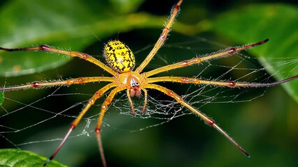 Wall Mural - Vibrant yellow spider on web, showcasing intricate details in nature.