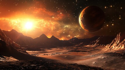 Wall Mural - Surreal Landscape of Alien Planet with Distant Star and Mountains