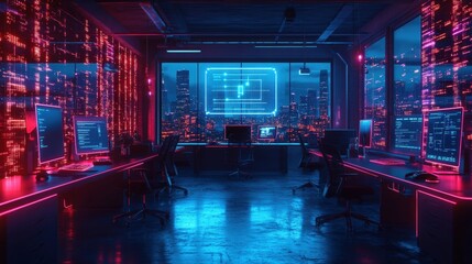 Poster - Room with vibrant neon lights illuminating walls and furniture in a modern interior design setting