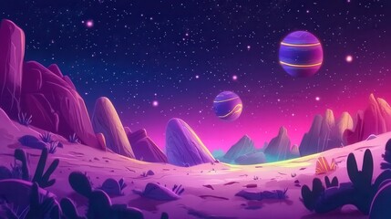 Wall Mural - Surreal Desert Landscape with Colorful Planets and Starry Sky